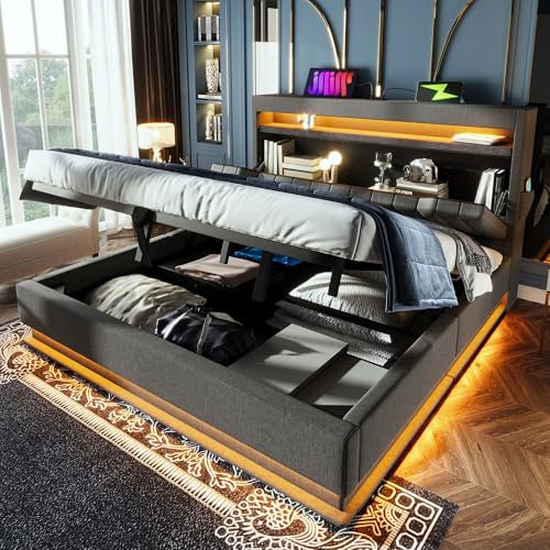 Polsterbett 180x200 Doppelbett, Stauraum-Kopfteil mit USB- und Typ-C-Anschlüssen, LED-Beleuchtung am Kopf- und Fußende des Bettes, mit Hydraulischem Stauraum, Leinen (Grau, Ohne Matratze, 180x200CM)