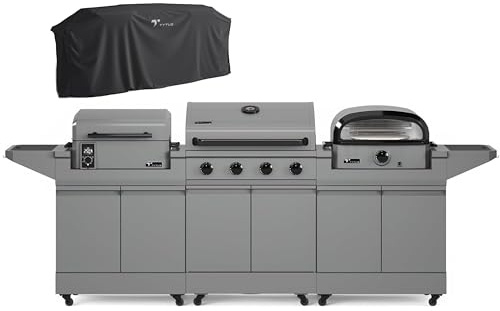 Tytus Anaheim 4-Burner Gas Grill with Two Prep Carts, Pellet Smoker, and Pizza Oven with Cover - Outdoor Cooking Bundle, Quick Assembly, Grill for Outdoor Cooking, Kitchen Island for BBQ