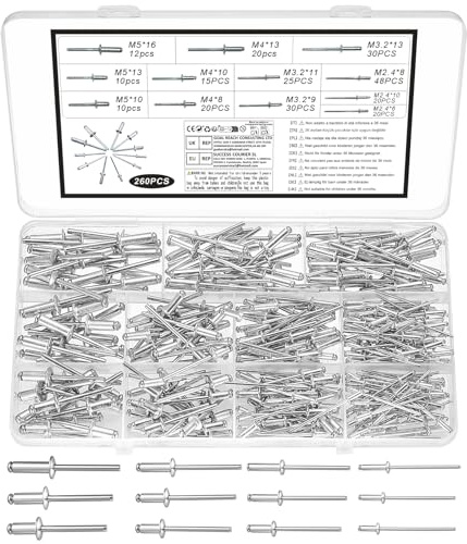 260 PcsRemaches Aluminio, Remaches Ciegos de Aluminio con Brida Grande, Remaches de Aluminio con Cabeza Ancha para barcos, coches, muebles, rieles, bricolaje(plateado, M2.4, M3.2, M4, M5)