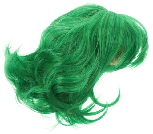 FRCOLOR Kurz Geschnittene Grüne Perücke für Mädchen mit Welligem Haardesign aus Hitzebeständigem Seidengewebe und Stilvollem Schal für Maskenbälle und Kostümpartys