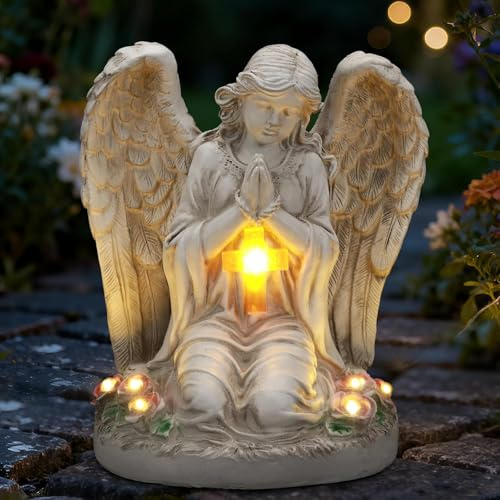 IDEA SHOW Solar Engel Figur für Grab mit leuchtendem Kreuz, Betende Schutzengel Statue mit LED Licht, wetterfeste Gartendeko aus Kunstharz für Friedhof, Garten, Terrasse, Gedenkgeschenk