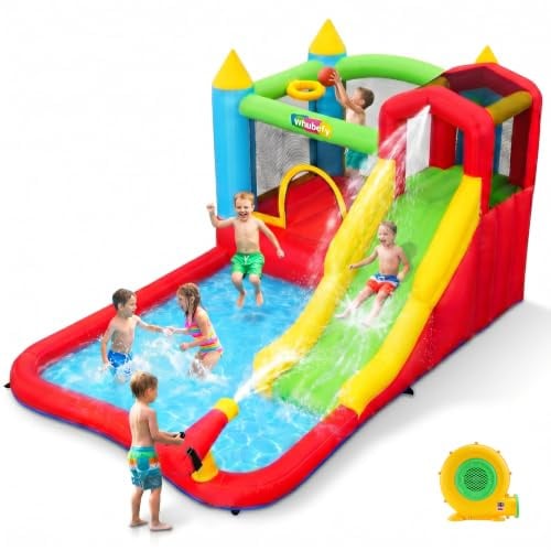 Aufblasbare Wasserrutsche Hüpfburg für Kinder, 2-in-1 Verbindbares Aufblasbares Trampolinburg-Set, Tolles Geschenk für die Gartenparty im Wasserpark, inklusive Gebläse (Verbindbare A)