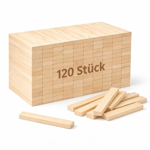 Holzklötzchen zum Basteln – Bastelholz Klötzchen, Holzleisten & Holzklötze | 120 Stück, 92 x 18 x 8 mm aus Kiefer, unbehandelt für DIY-Projekte, Modellbau & Deko