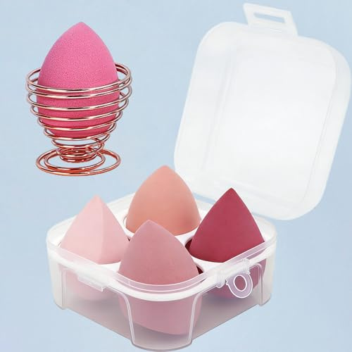 Makeup Sponges Set Beauty sponges Blending Blenders with 1 Holder and Egg Case, Flawless for Cream, Powder and Liquid (Pink, 4Pcs+1Holder+ Case)