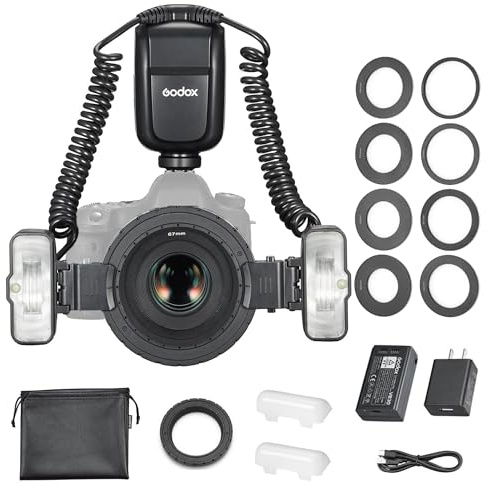 Godox MF-T76 C Dual-Head Macro Flash, compatible with cannon cameras, 76Ws, GN 22.4, TTL, output range 1–1/256, front-curtain/rear-curtain sync, battery included, suitable for macro photography