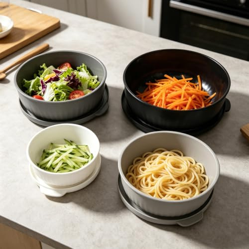 Lot de 4 saladiers empilables avec couvercle, sans BPA, 0,4/0,78/1,4/2,2 l, passent au lave-vaisselle, au micro-ondes et au congélateur (noir/blanc/gris/gris clair)