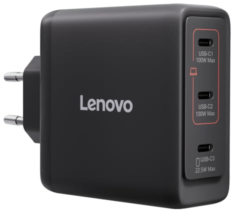Lenovo USB-C Multi-Port 100W GaN Ladegerät mit 3 USB-C-Anschlüssen und Ausgang bis zu 100W oder 65W+20W+10W für Notebooks und Mobile Geräte