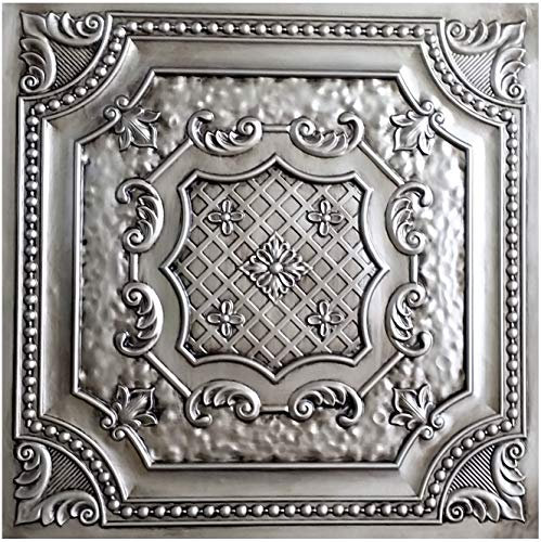 Faux Tin Glue up Drop in Ceiling Tile #TD04 Antique Silver. Pack of 10 2'X2' tiles covers 40 sq.ft. Easy to install PVC panels, great for DIY projects - antique vintage look ceiling, 3D wall paneling