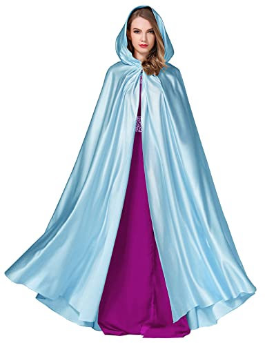 BEAUTELICATE Cape à Capuche Longue pour Femme Mariée Mariage Poncho en Satin De Automne Hiver Manteau Médiéval Unisexe Déguisement De Halloween Noël Carnaval(Taille Unique, Bleuâtre)