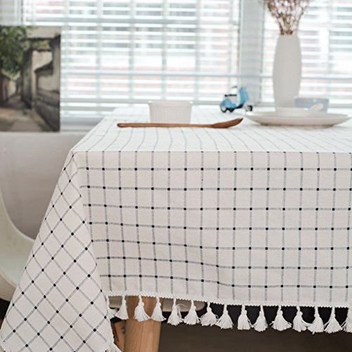 meioro Tischdecke Tischtuch Stoff Karierte Tischdecken im mediterranen Stil Frische und kunstvolle Tischwäsche aus Baumwolle und Quasten Rechteckige Couchtisch Tischdecken(140 x 300 cm)