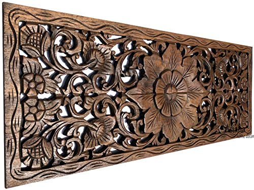 Asiana Home Decor Large Carved Wood Wall Panel. Floral Wood Carved Wall Decor. Size 35.5x13.5x0.5 (Brown-Teak)