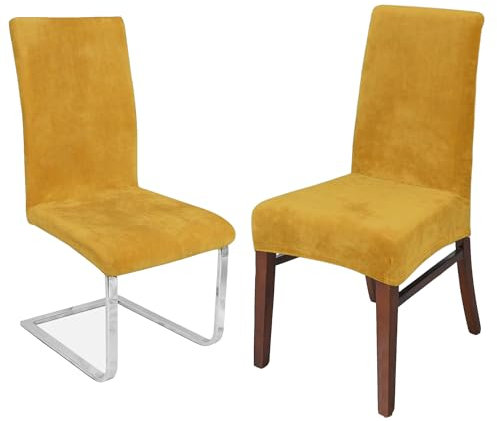 LANSHENG Stuhlhussen 2er Set, Universelle Abnehmbare Waschbar Samt Stuhlhussen, Universale Stretch Esszimmerstühle Stuhlbezug für Küche, Restaurant (Senf, 2er Set)