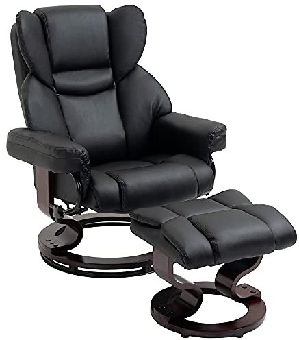 HOMCOM 360° Swivel Recliner Chair with Footstool, PU Leather Manual Recliner Armchair with Solid Wood Base, Upholstered Reclining Chair for Living Room, Bedroom, Office, Black