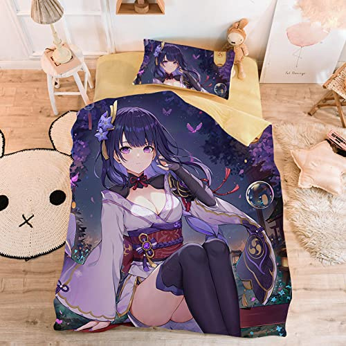 Qiuka Genshin Raiden Shogun Impact Kinderbettwäsche für Mädchen Jungen,Sayu Kinder Bettwäsche 140x200cm Bettbezug Set Schlafkomfort Babybettwäsche 3D Gebürstet Bettwaren mit Reißverschluss