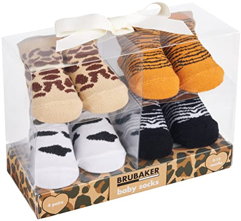 BRUBAKER 4 Paar Babysocken Jungen Mädchen 0-12 Monate - Baby Geschenkset für Neugeborene in Geschenkverpackung mit Schleife - Safari mit Tiger, Zebra und Giraffen Muster