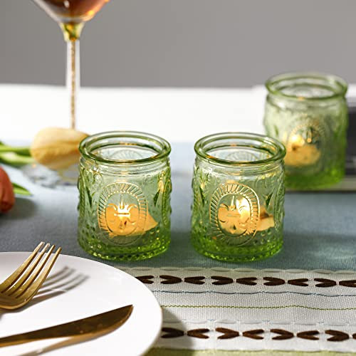 12PCS Glass Tea Light Candle Holders,Vintage Candle Jar, Coloured Tealight Holders, Votive Candle Stand for Indoor, Outdoor, Garden, Dinner, Church, Weddings, Home Décor, Gifts (Olive Green)