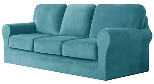GEBIN Samt Sofa Überzug 3 Sitzer, Stretch Sofabezug mit Separatem Rückenlehnenbezug und Sitzkissen, Sofaschoner rutschfest, Elastischer Couch Überzug, Sofa Cover (Türkis,3 Sitzer | 7 stück)