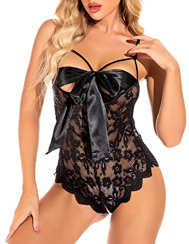 KOEMCY Lingerie Sexy Femme Dentelle Dos Nu Erothique Deshabillé Body Combinaison Babydoll One Piece Teddy Body Lace Satin Front Bowknot Pyjamas