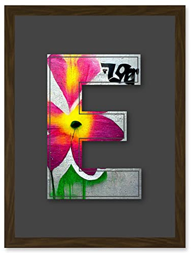 Wee Blue Coo Letter E Abstract Flower Grey Decorative Graffiti Mural Alphabet Initial Stencil Artwork Framed Wall Art Print A4