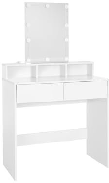 ML-Design Schminktisch mit LED-Beleuchtung, Frisiertisch mit Hocker, Spiegel, 2 Schubladen, 80x40x140 cm, Weiß, Moderne Kosmetiktisch mit 3 offenen Fächern, Frisierkommode Schminkkommode Make-up Tisch