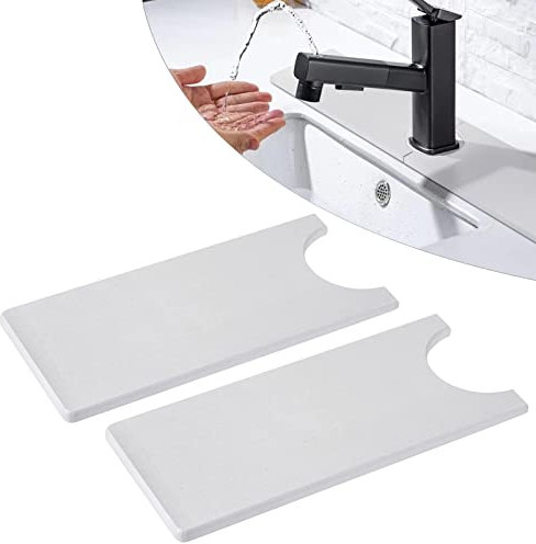 OwnMy Pack of 2 Grey Diatomite Faucet Absorbent Mats Kitchen Sink Faucet Splash Guard Drying Mats, Faucet Splash Catcher Water Absorbent Diatomaceous Drip Tray Mats for Bathroom Kitchen Countertop