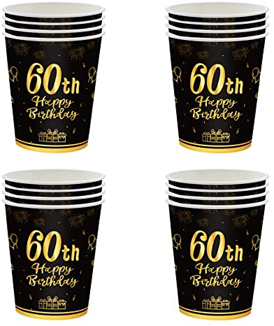 YAAVAAW Happy 60th Birthday Paper Cups Black and Gold,16Pcs Disposable 60th Tableware Party Cups,60th Birthday Party decor Paper Cup for Men,Women,Him,Her 60th Birthday Party Supplies Table Decor