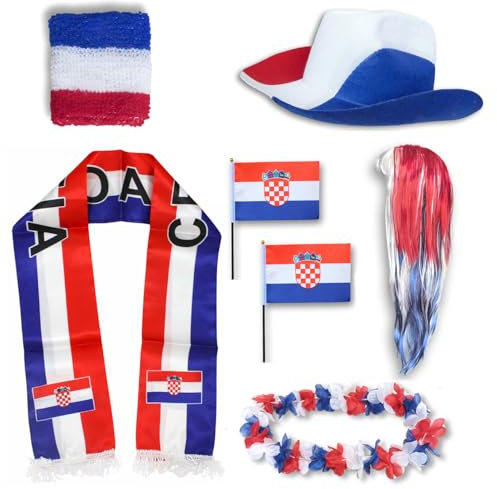Sonia Originelli Fanset Fanartikel Fanhut Blumenkette Fanschal Schweißband Fähnchen Perücke WM EM Farbe: Kroatien Langhaar