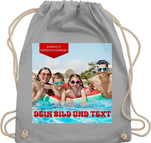 Turnbeutel Rucksack - Geschenk mit eigenem Foto und Text personalisiert I Eigenes Bild I Custom Photo Text - Unisize - Hellgrau - personalisierter beutel wechselkleidung kita tasche selbst drucken
