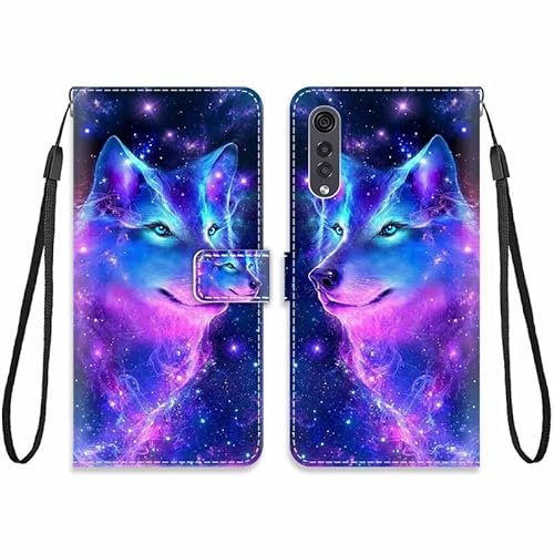 KARTXITAI Hülle Kompatibel mit LG Velvet 5G,Leder Handyhülle mit Kartenfach Geld Slot Ständer PU Ledertasche Wallet Flip Magnetische Muster Schutzhülle-Wolf,bunt
