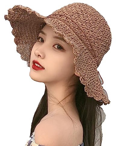 Chapeau de Paille d'Eté pour Femme Chapeau de Soleil Anti-UV Pliable Capeline Large Bord Protection Soleil UPF50+ Fedora Réglable Capeline de Plage Respirant Décoration Vacances pour Extérieur Pêche