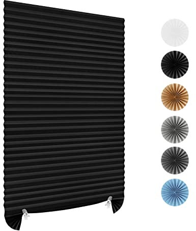 Stick On Blinds for Windows, Temporary No Drilling Light Filtering Pleated Paper Clip On Door Blinds and Shades for Kitchen Patio Bathroom Bedroom (Black, 90x150cm)