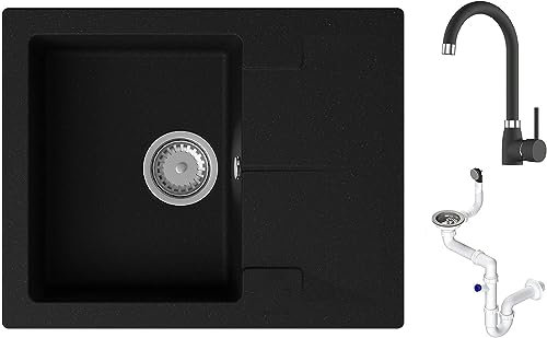 GRANMASTER Caro Granitspüle 1 Becken mit Armatur und Siphon - Spülbecken Arbeitsplatte Küche Waschbecken mit Granit Schwarz Wasserhahn -59,5 x 47,5 x 17,2cm Spüle mit Abtropffläche in Schwarz Metallic