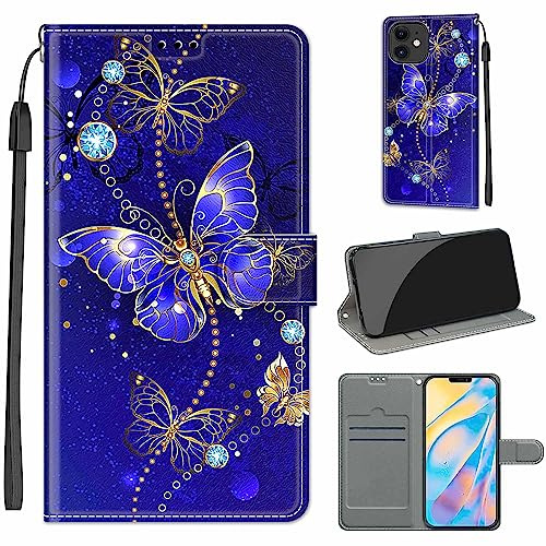 TOMYOU PU Leather Wallet Case for iPhone 12/12 Pro, Blue Butterfly | Pouch Design, Book Flip Folio, Magnet Closure, Kickstand, Card Slots, Wrist Strap Lanyard, Pattern Style
