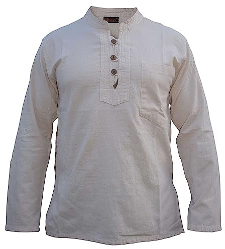 Gheri Herr Bandkrage Bomull Grandad Krage Långärmad Handgjord Oxford Skjorta, BEIgE, M