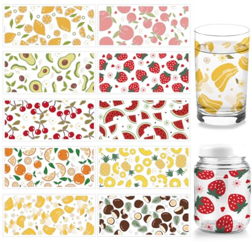 arricraft 10 Pcs 10 Styles UV DTF Cup Wrap Transfer Sticker, Fruit Transfer Paper Strawberry Rub on Stickers Watermelon PVC Cup Wrap Sticker Waterproof Rub Decals for Craft Glass
