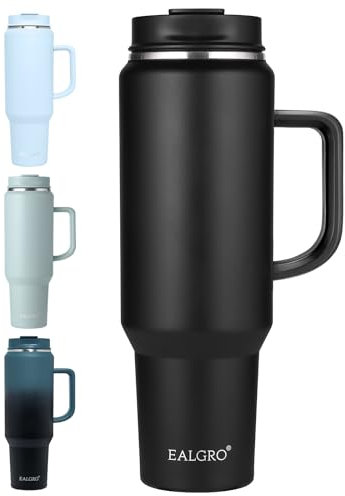 EALGRO Vaso de 50 onzas con asa, vasos aislados con tapa y popote, jarra grande de metal para botella de agua deportiva, taza de café térmica de acero inoxidable, taza de café de viaje, color negro