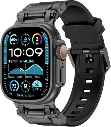 WINGLE Cinturino in gomma siliconica per Apple Watch Ultra 2 Band Ultra 49 mm 46 mm 45 mm 44 mm 42 mm per uomo serie 10 9 8 7 6 5 4 SE 3, cinturino sportivo militare robusto in metallo, nero