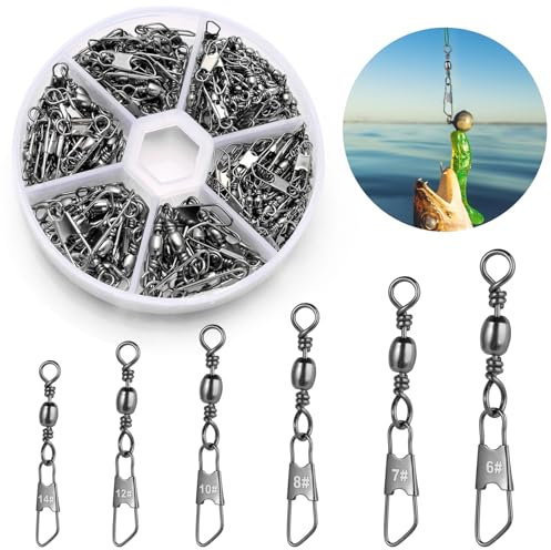 VEPEPE 100 Pcs Fishing Swivels and Clips Stainless Steel Safety Swivels Fishing Tackle Quick Change Snap Swivel 6 Sizes 6# 7# 8# 10# 12# 14# for Saltwater Freshwater Fishings