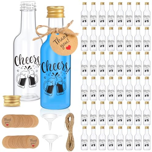 Fayavoo 50 Pcs Mini Alcohol Bottles, 50ml Resuable Small Plastic Bottles with Lids, Miniature Empty Shot Bottles with Gold Screw Caps and Liquid Funnel, Mini juice shot bottles for Parties, Weddings