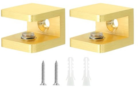 QUARKZMAN Pince de Fixation pour Étagère en Verre, 2 Pièces, en Cuivre Doré, Réglable, pour Verre Épais de 8 à 10 mm, Support de Fixation en U pour Panneau Fixe