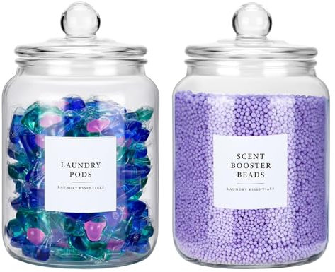 2PCS Washing Powder Storage with Labels,1.9L Glass Laundry Storage Containers,Laundry Detergent Storage,Laundry Pods Container for Detergent,Washing Powder,Fabric Softener,Detergent Dispenser