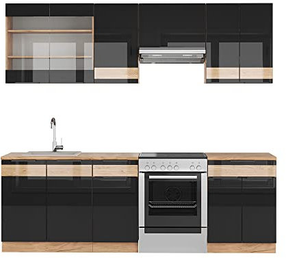 Vicco Küchenzeile Fame-Line, Schwarz-Eiche Hochglanz/Goldkraft Eiche, 240 cm, AP Anthrazit