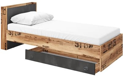 MEBLINI Bett mit Lattenrost, Matratze und Kopfteil - Jugendbett mit Taschenfederkernmatratze - Kinderbett mit Schublade - Fargo FG-13 - Braun mit Aufdrucken - 90x200cm + Matratze + Schublade