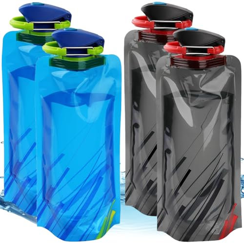 4 Stück Faltbare Trinkflasche, 700ml Wiederverwendbare Trinkflasche Faltbar BPA Freie Wasserflasche mit Clip, Faltbare Trinkflasche Festival Faltbare Trinkflasche Flexible Trinkbeutel für Wandern