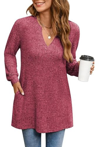Yageshark Pull à manches longues pour femme - Col en V léger - Pull long - Élégant - Avec poche, rose, XL
