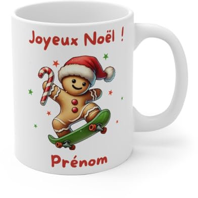 Teecustom Mug Joyeux Noël Pain d'Épice sur Skate - Tasse Personnalisable avec Prénom - Céramique 325ml