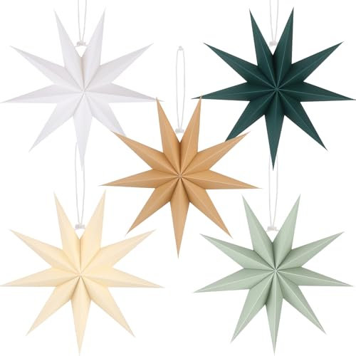 BestoFun 5 Stück Papiersterne Weihnachten Braun 30cm Beige 9 Zacken Papiersterne Faltsterne Dunkelgrün Aufhängen Weiß Salbeigrün Weihnachten Dekoration für Tischdeko Weihnachten Zimmer Hochzeit