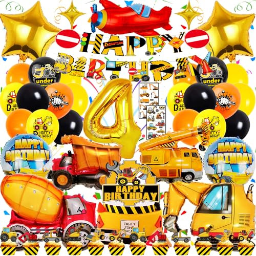 Zaztytoy Bagger Geburtstag Deko 4 Jahre für Jungen – XXL Bagger Folienballons, 48-Teiliges Baustelle Partyzubehör mit Kuchendeko & Tattoo-Aufklebern – Perfekt für 4. Geburtstag & Baustellen Party