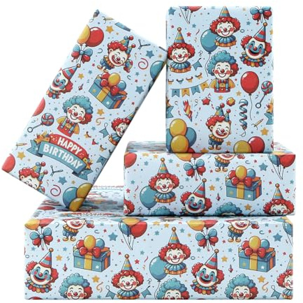 Blue Joker Geschenkpapier, 4 Bögen, rot-blauer Clown, Happy Birthday, Geschenkpapier, Ballon, Lutscher, Geschenk-Box, Geschenkpapier für Mädchen, Jungen, Kinder, Geburtstag, Babyparty, Hochzeit,