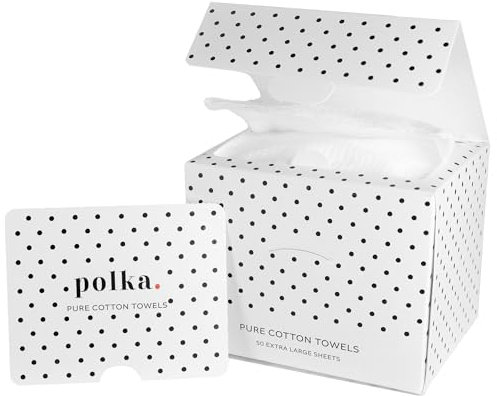 POLKA DOT CARE Cotton Towels | Disposable Face and Makeup Wipes | Natural, Biodegradable | Plant Based Facial Towelettes | Ideal for Sensitive Acne Prone Skin, Travel, Baby Care, 50 Ct, 1 Pk